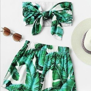 SHEIN- leaf print bow tie bandeau top with shorts